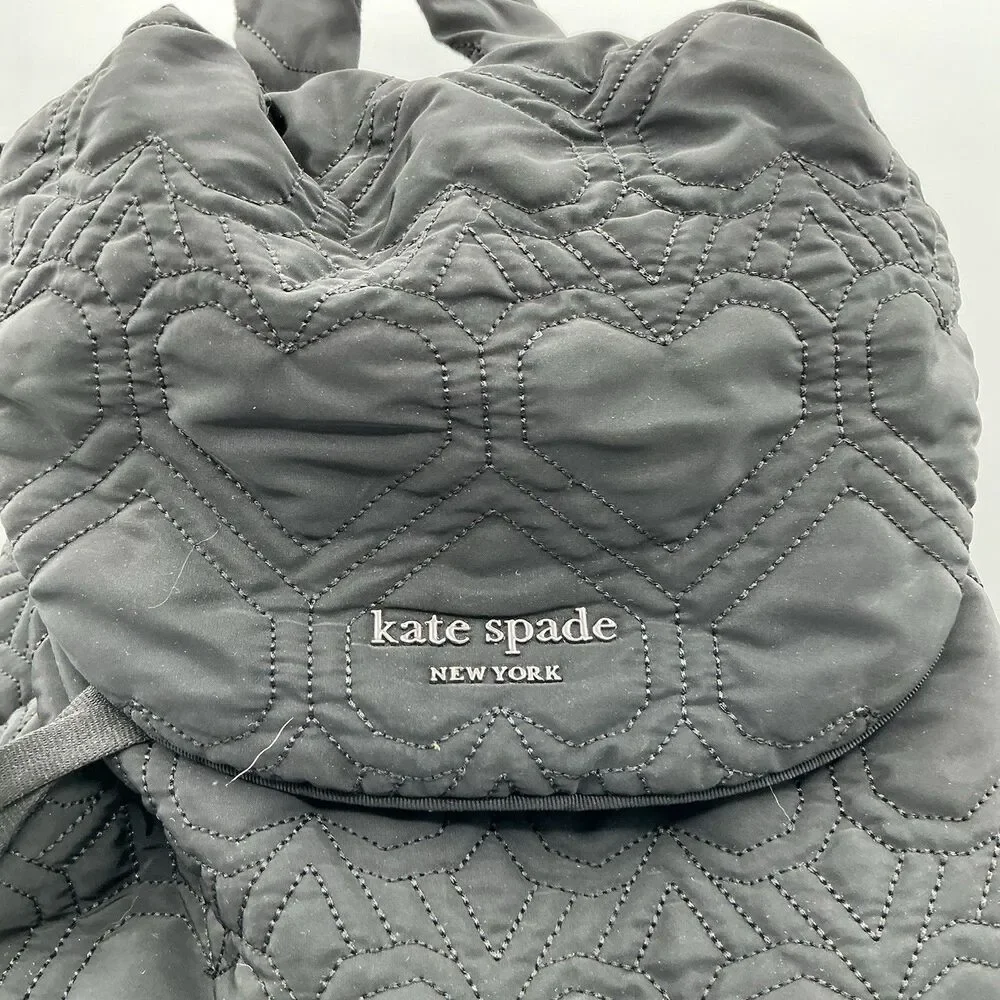 Kate Spade Black Quilted Heart Nylon Backpack Drawstring Front Pockets
